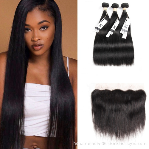 Ear To Ear Lace Frontal Closure With 3 Bundles Brazilian Straight Human hair Weaves With Closures Non Remy 4 Pcs/Lot